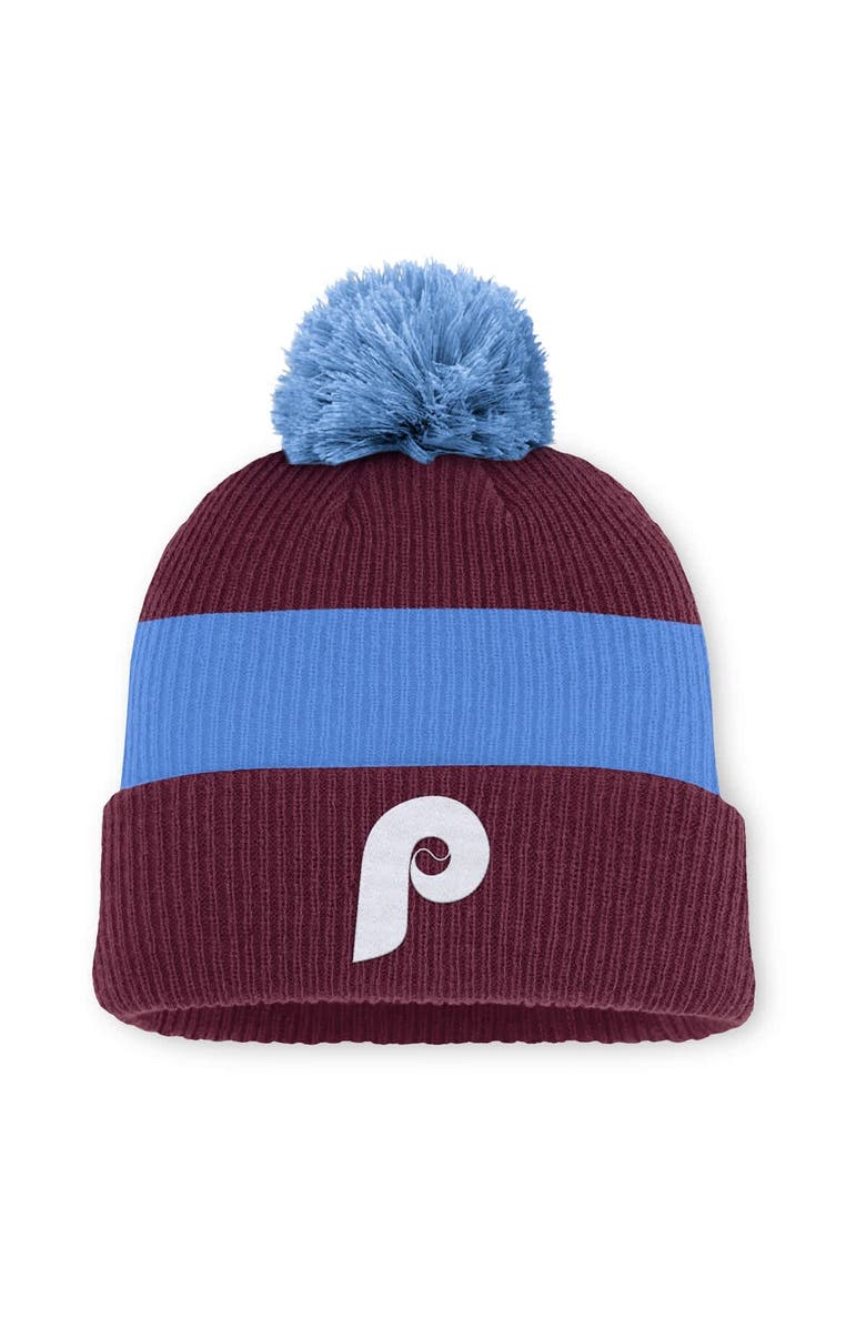 Nike Men's Nike Burgundy/Light Blue Philadelphia Phillies Cooperstown Collection Peak Standard Cuffed Knit Hat with Pom, Main, color, Burgundy