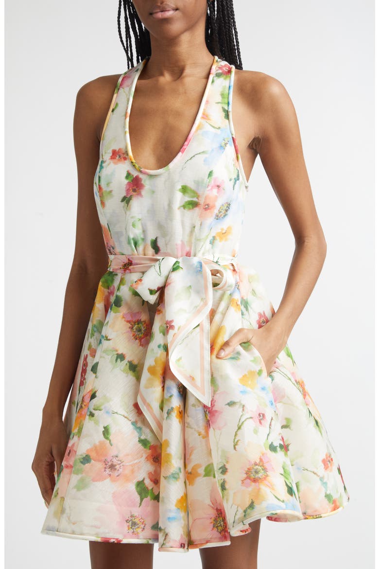 Alchemy Racerback Linen & Silk Skater Minidress, Alternate, color, NEON POPPY