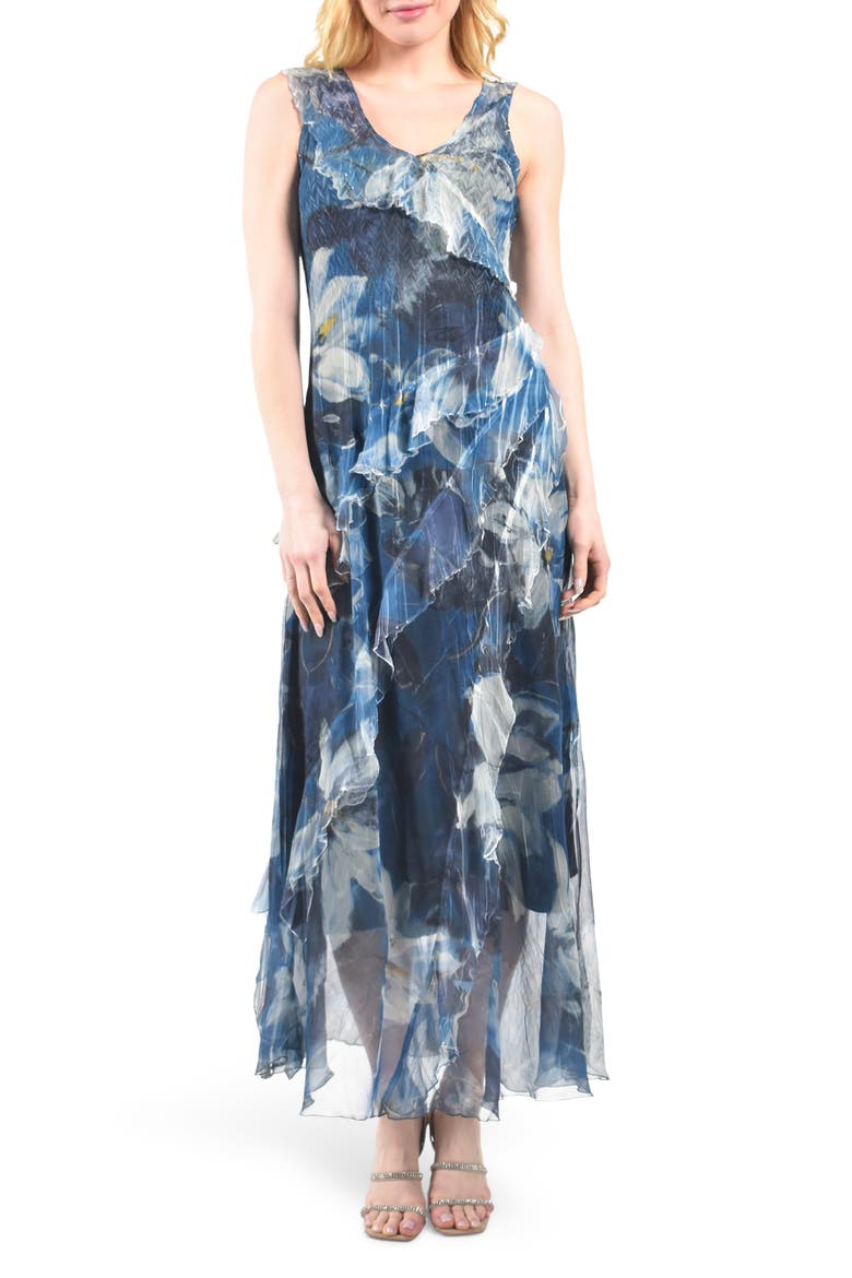Ruffle Tiered Chiffon & Charmeuse Maxi Dress, Main, color, WHITE MAGNOLIA