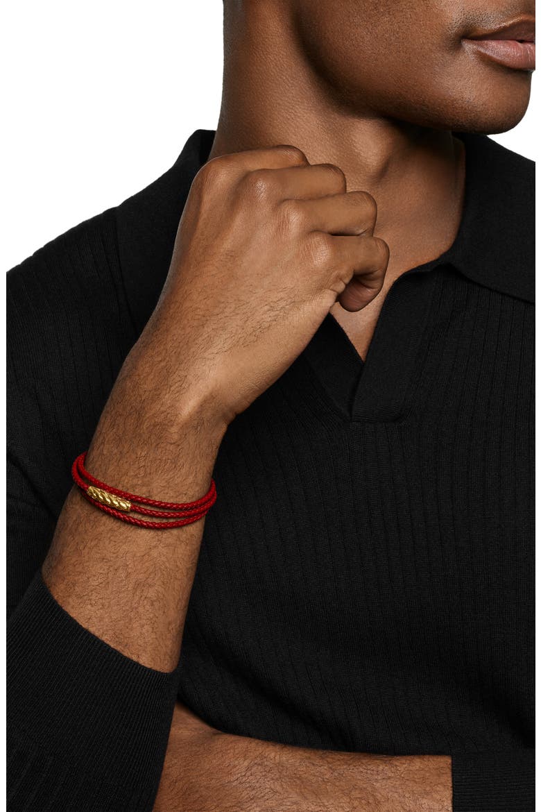 Men's Chevron Triple Wrap Bracelet in Leather with 18K Yellow Gold, 3mm, Alternate, color, RED