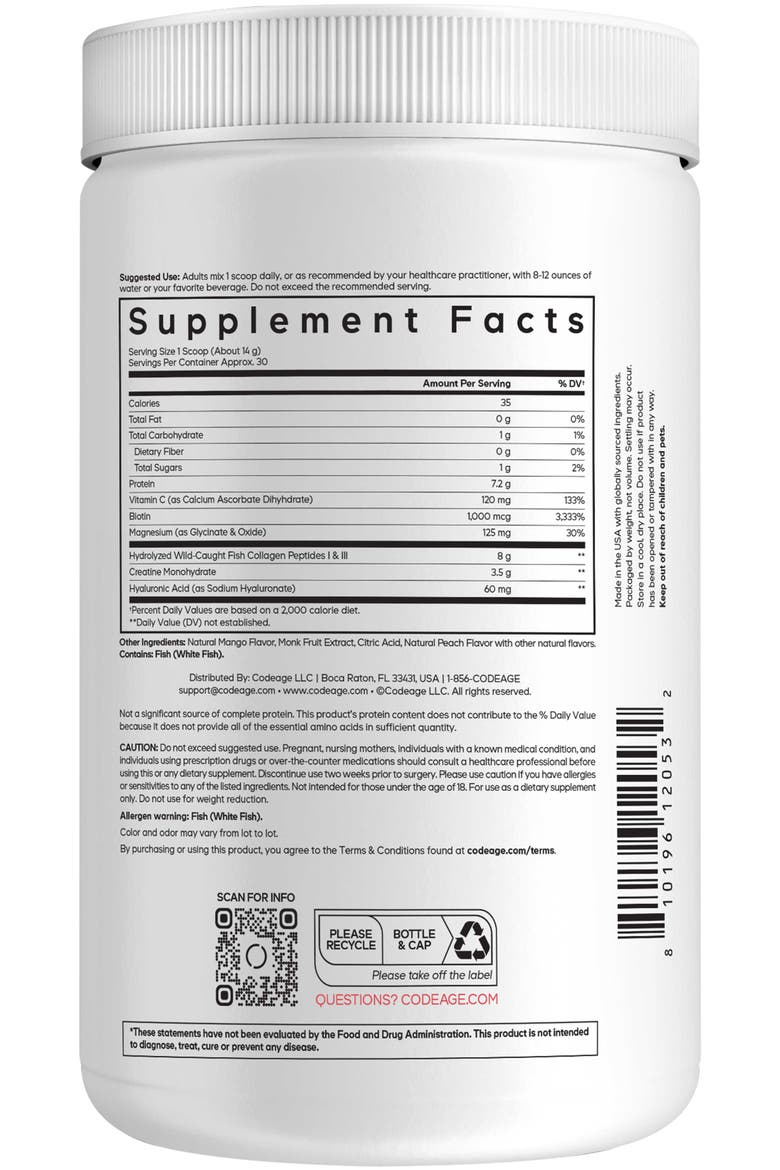 Creatine Collagen Peptides, Biotin, Magnesium, Hyaluronic Acid, Vit C, Mango Flavor, Alternate, color, White