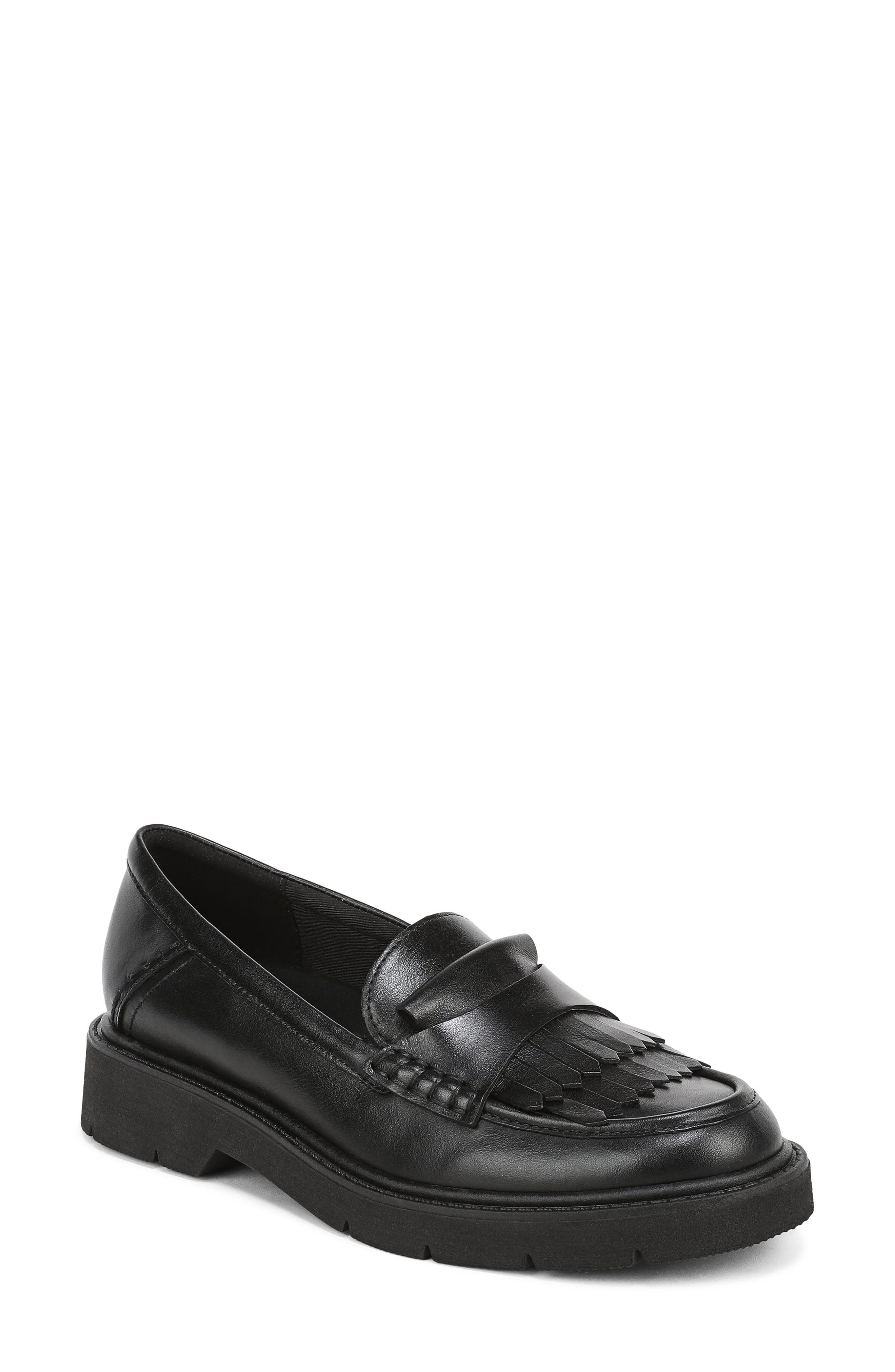 Tate Kiltie Fringe Leather Loafer, Main, color, BLACK LEATHER