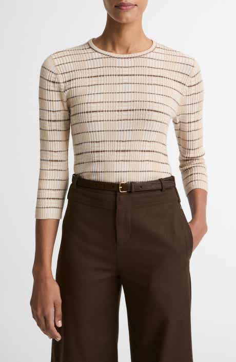 Plaid Cotton Blend Crewneck Sweater