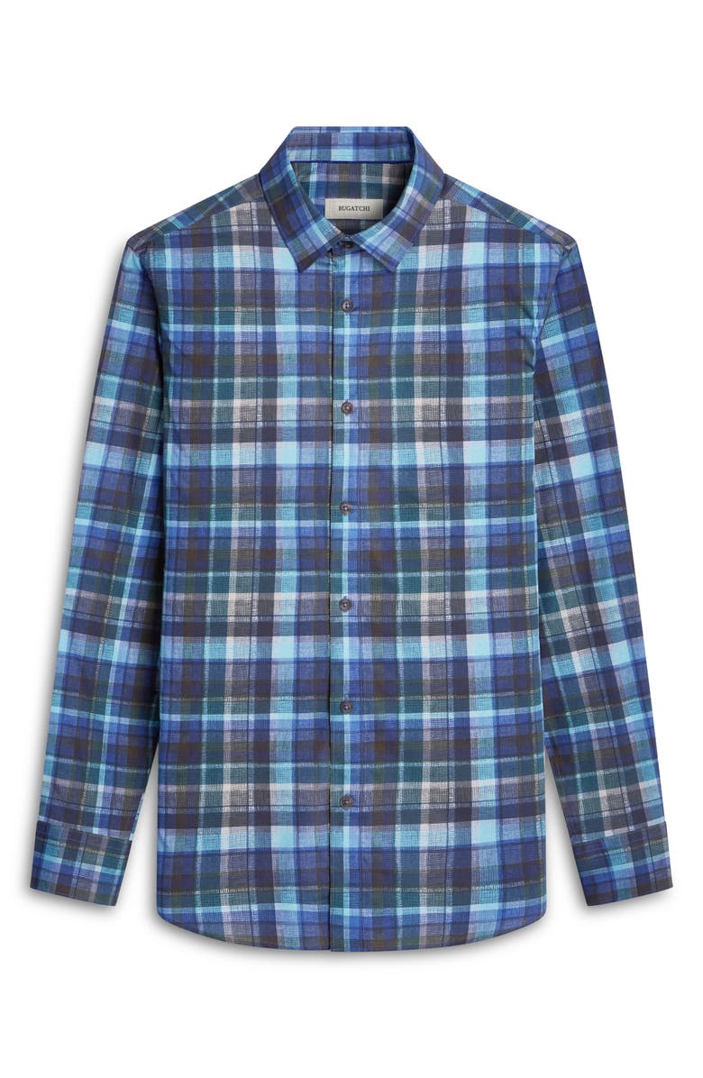 Bugatchi Karl Shaped Fit Check Stretch Button-Up Shirt, Alternate, color, Teal