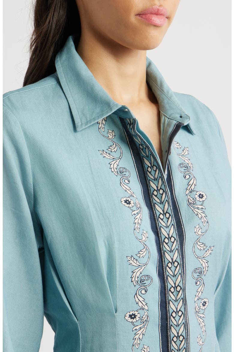 Mirella Placed Print Long Sleeve Cotton & Linen Midi Dress, Alternate, color, CARDAMON BLUE