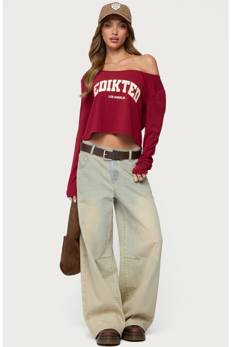 LA Babe Off the Shoulder Crop Graphic T-Shirt, Alternate, color, BURGUNDY