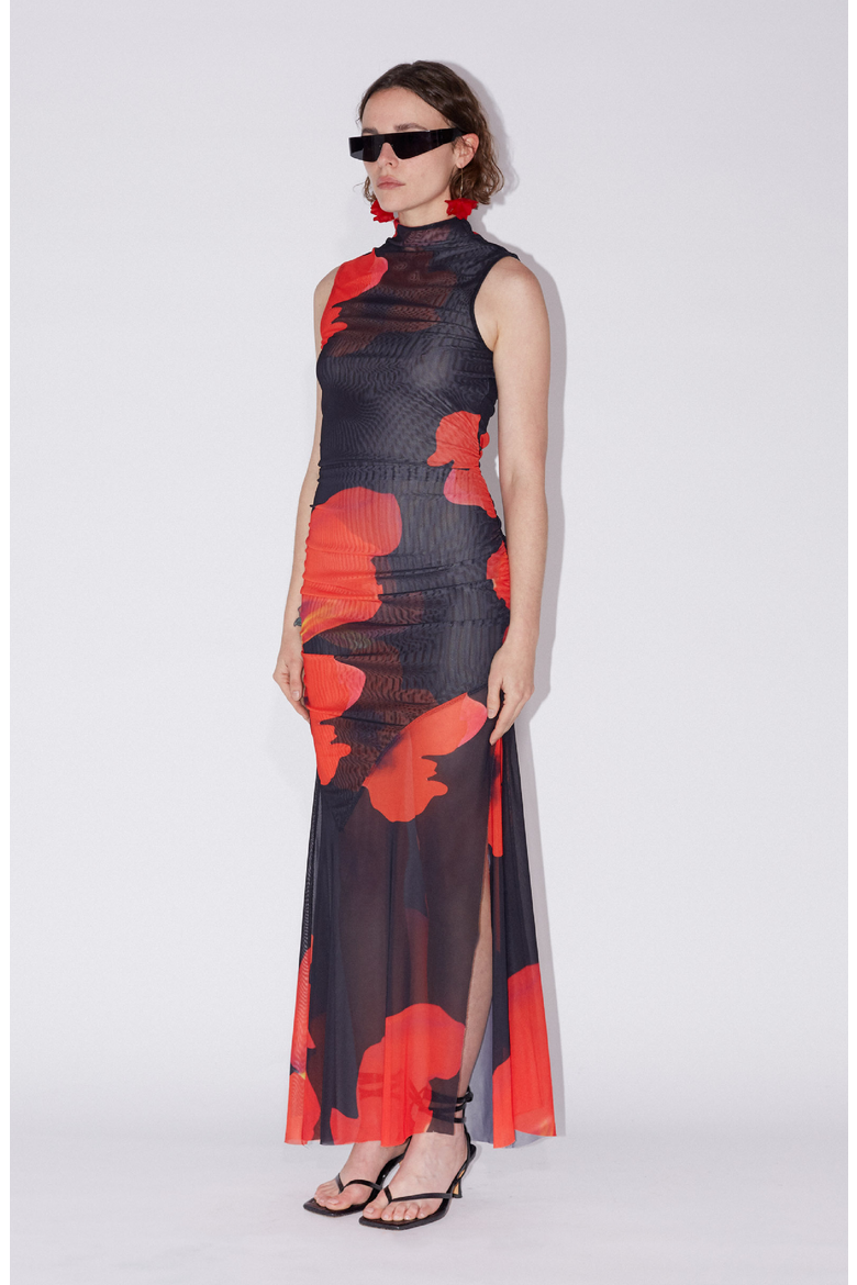 Floral Printed Mesh Dress, Main, color, Red / Black Floral