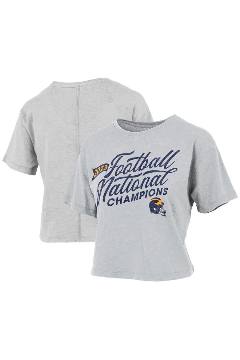 Women's Pressbox  Gray Michigan Wolverines College Football Playoff 2023 National Champions Vintage Waist-Length T-Shirt, Alternate, color, Gray