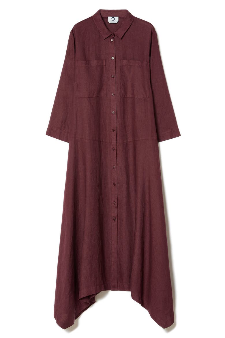Valpe Shark Bite Hem Linen Maxi Shirtdress, Alternate, color, BORDEAUX