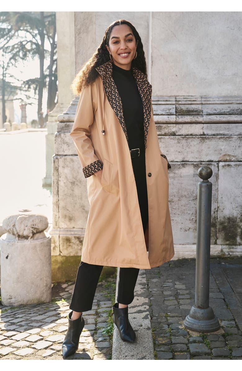Jessica London Contrast Hood Raincoat, Alternate, color, Soft Camel Geo