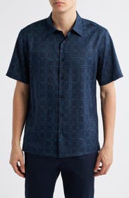 Theory Irving Grid Print Short Sleeve Lyocell Button-Up Shirt