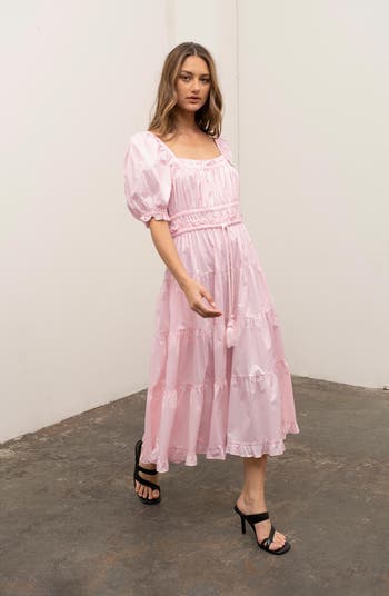 knee length dresses for ladies Oxblood Puff Sleeve Midi Dress main image 0