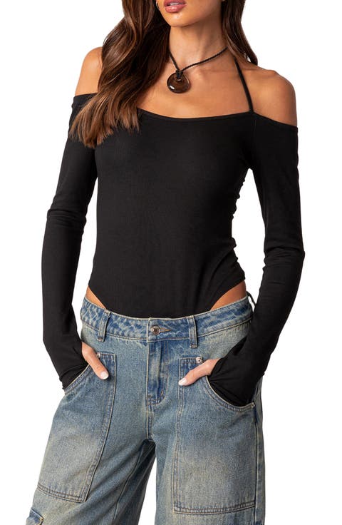 Model Off Duty Cold Shoulder Rib Bodysuit