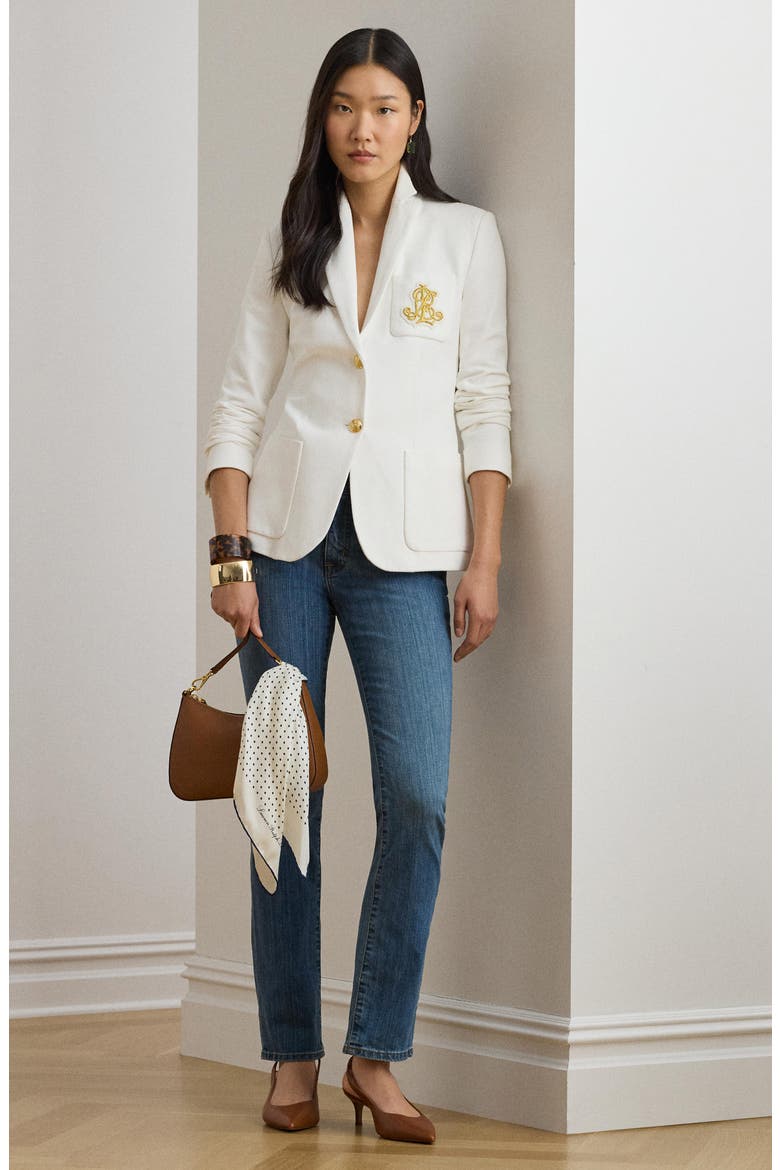Bullion Jacquard Logo Patch Cotton Blend Blazer, Alternate, color, WHITE