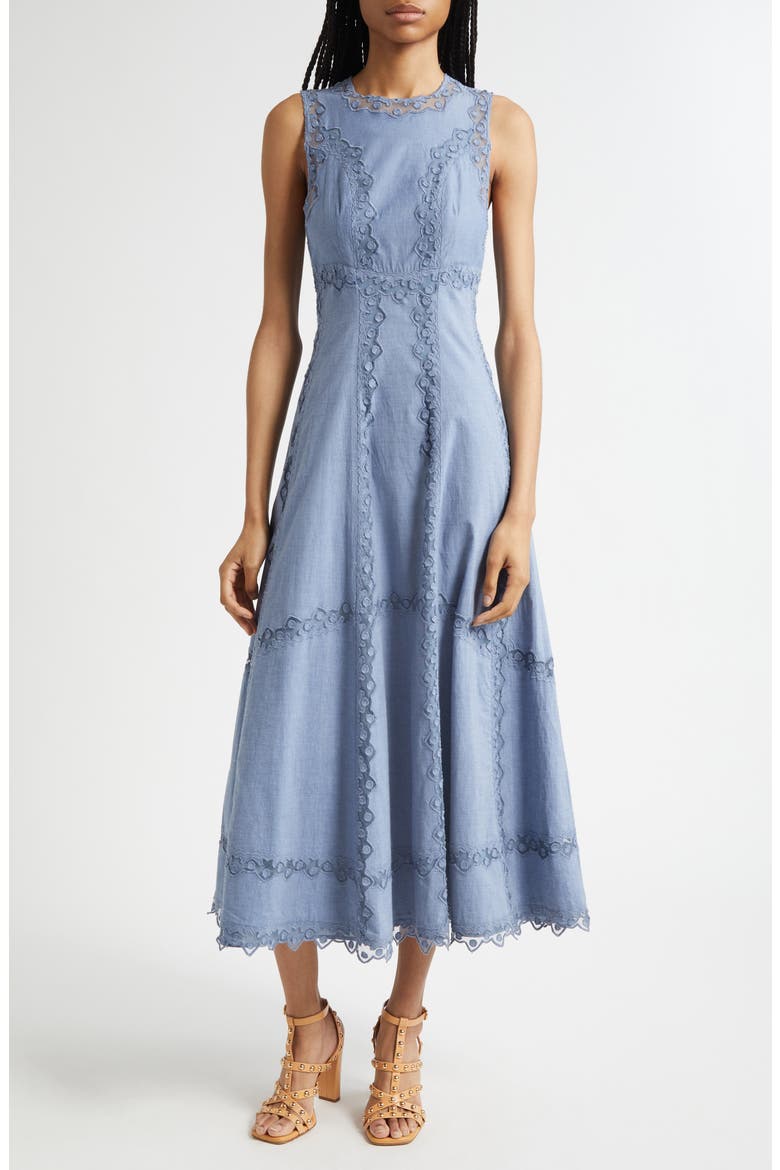 anela sleeveless chambray midi dress ulla johnson Ulla Johnson Anela sleeveless midi dress in chambray The Anela Dress is made from soft, water-washed cotton that's enlivened by geometric ribbon embroidery and tulle appliqus for a play on transparency