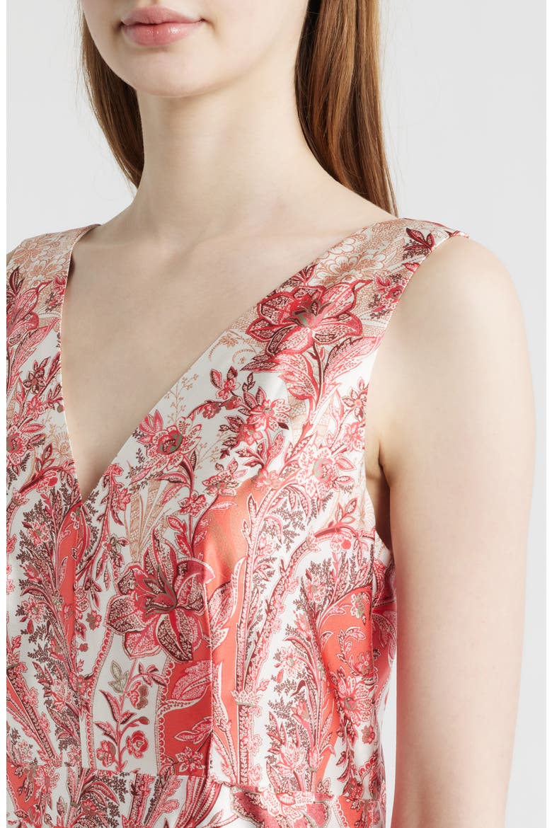 Scarf Print Handkerchief Hem Satin Midi Dress, Alternate, color, CORAL MULTI