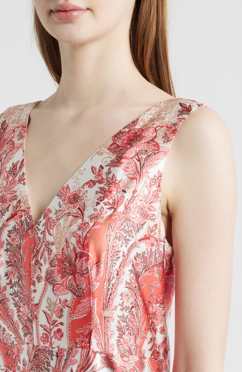 Vince Camuto Scarf Print Handkerchief Hem Satin Midi Dress, Alternate, color, Coral Multi