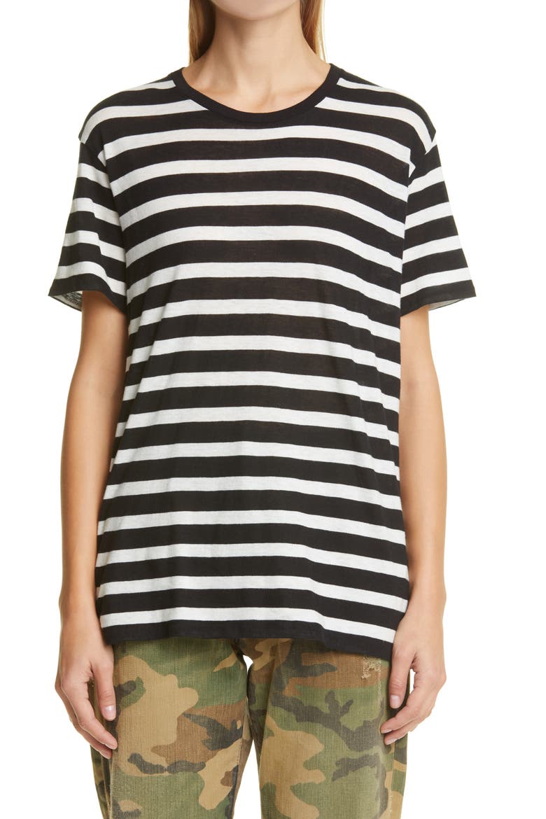 Boy Stripe Cotton & Cashmere T-Shirt, Main, color, BLACK W/ ECRU