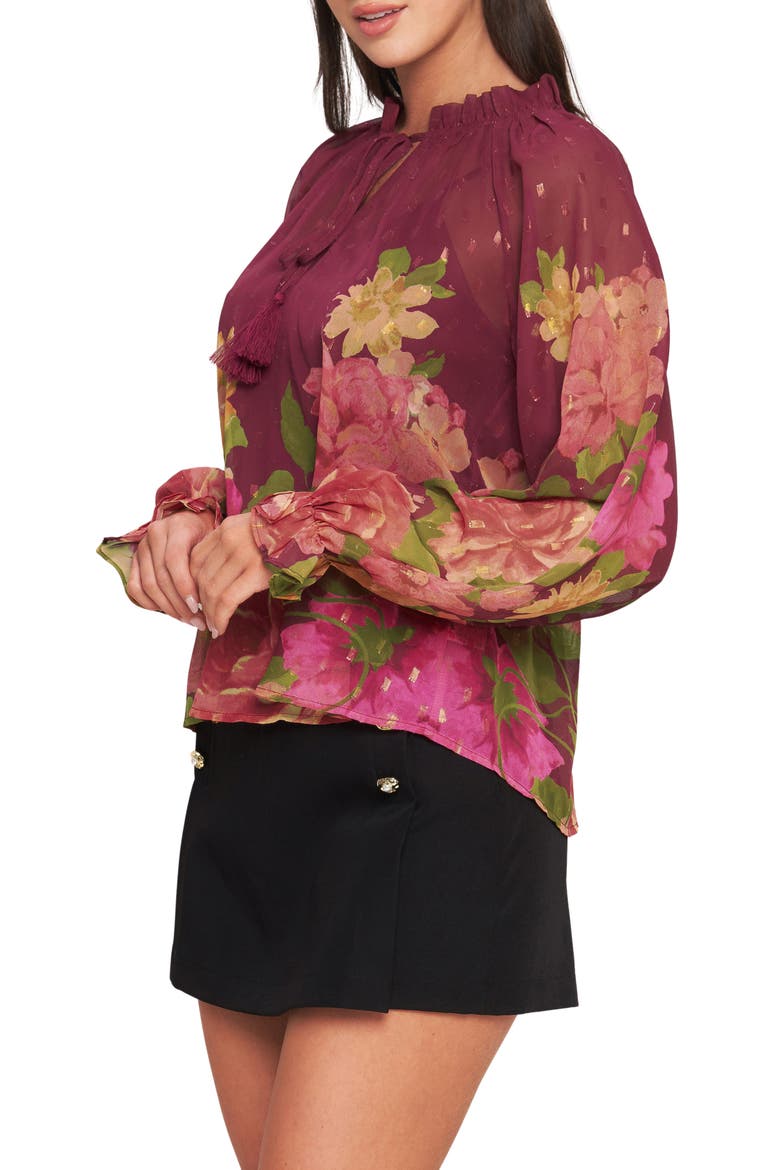 Print Tie Neck Top, Alternate, color, BURGUNDY