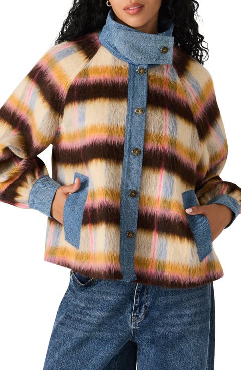 Kaylen Denim Trim Stripe Wool Blend Jacket