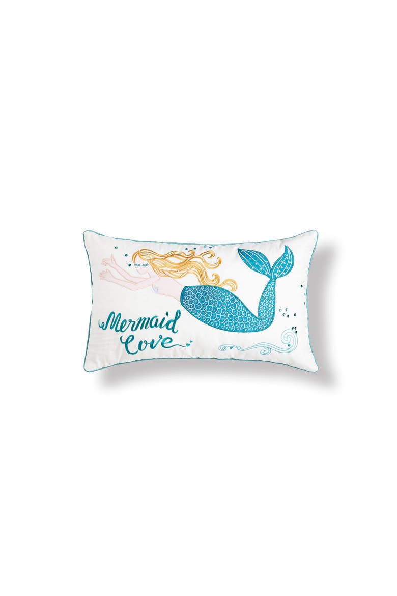 "Mermaid Love" Embroidered Cotton Blend Accent Throw Pillow 14" x 24", Main, color, Blue