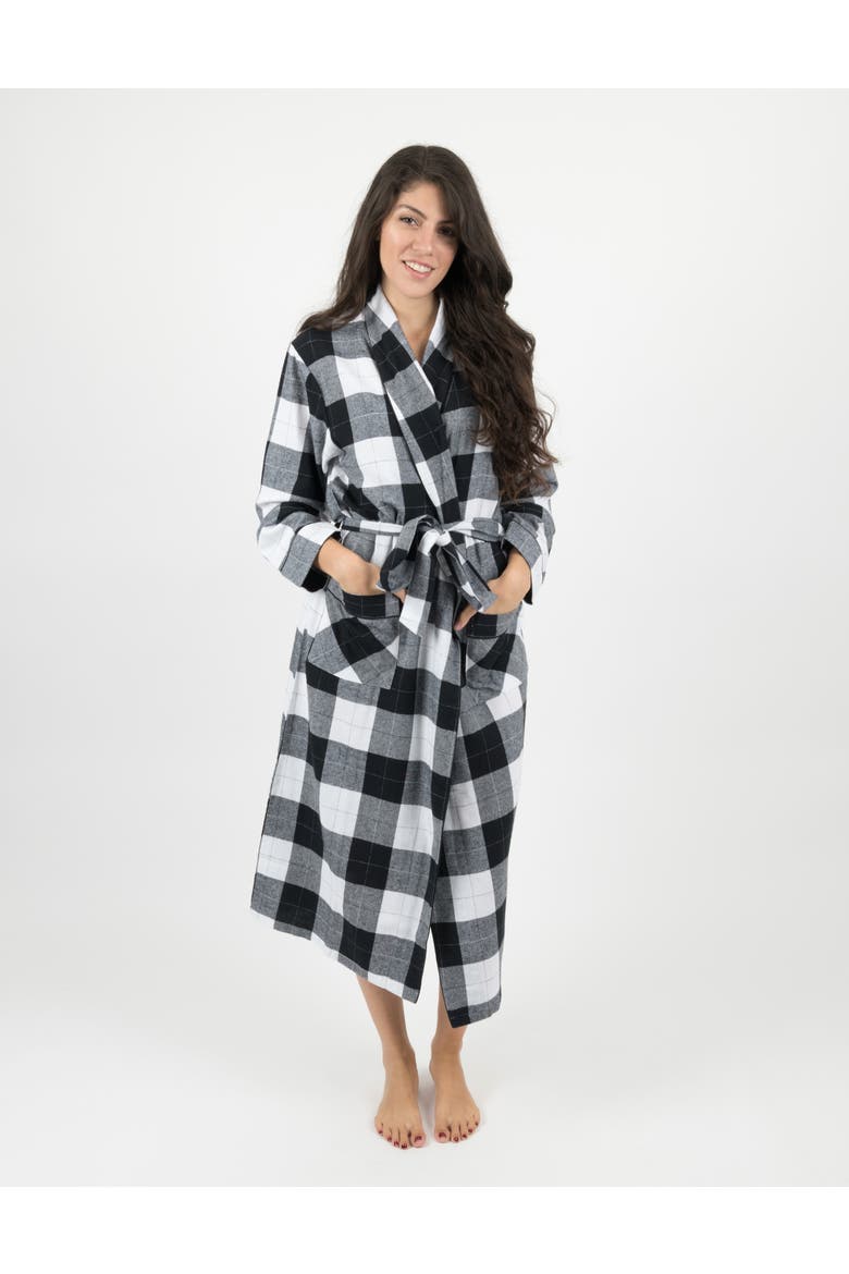 Women's Flannel Robe, 100% Cotton, Alternate, color, Plaid Black & White