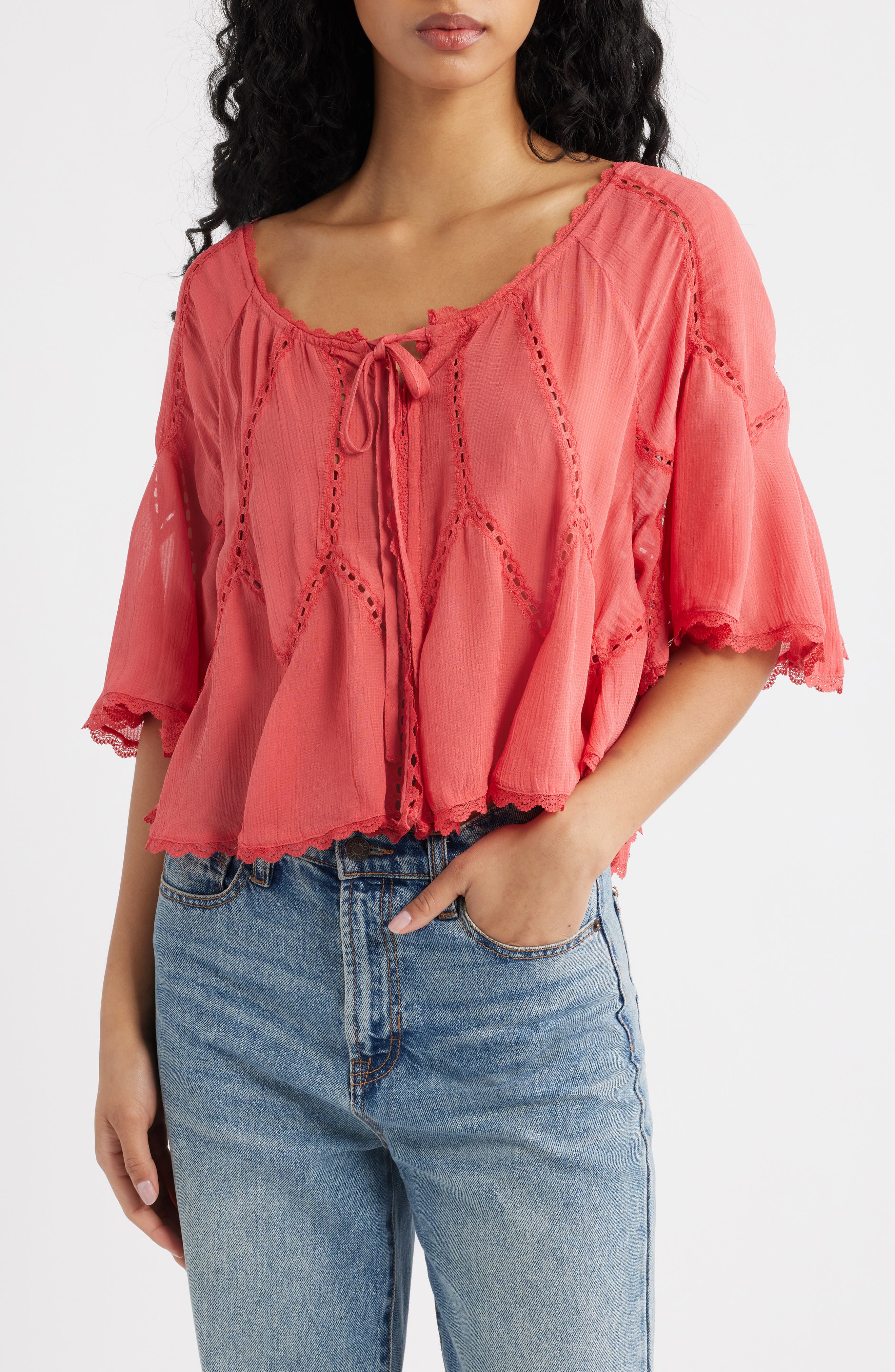 Free People Michelle Lace Trim Top