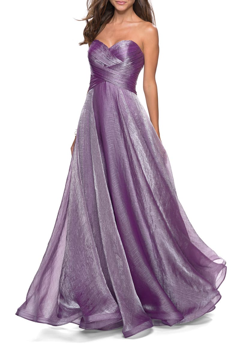 Strapless Chiffon Dress with Criss Cross Bodice Detail, Main, color, Orchid