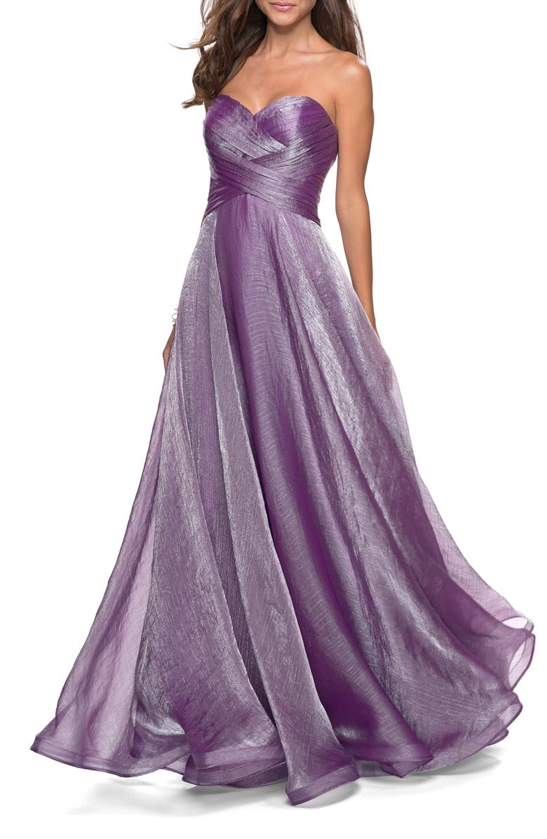 La Femme Strapless Chiffon Dress with Criss Cross Bodice Detail, Main, color, 