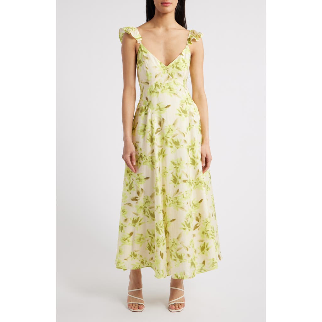 Chelsea28 Flutter Sleeve Maxi Dress In Beige- Green Shadow Bloom