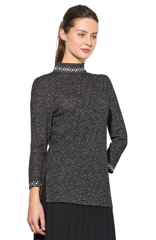 Ming Wang Shimmer Knit Embellished Mock Neck Tunic In Black/silver