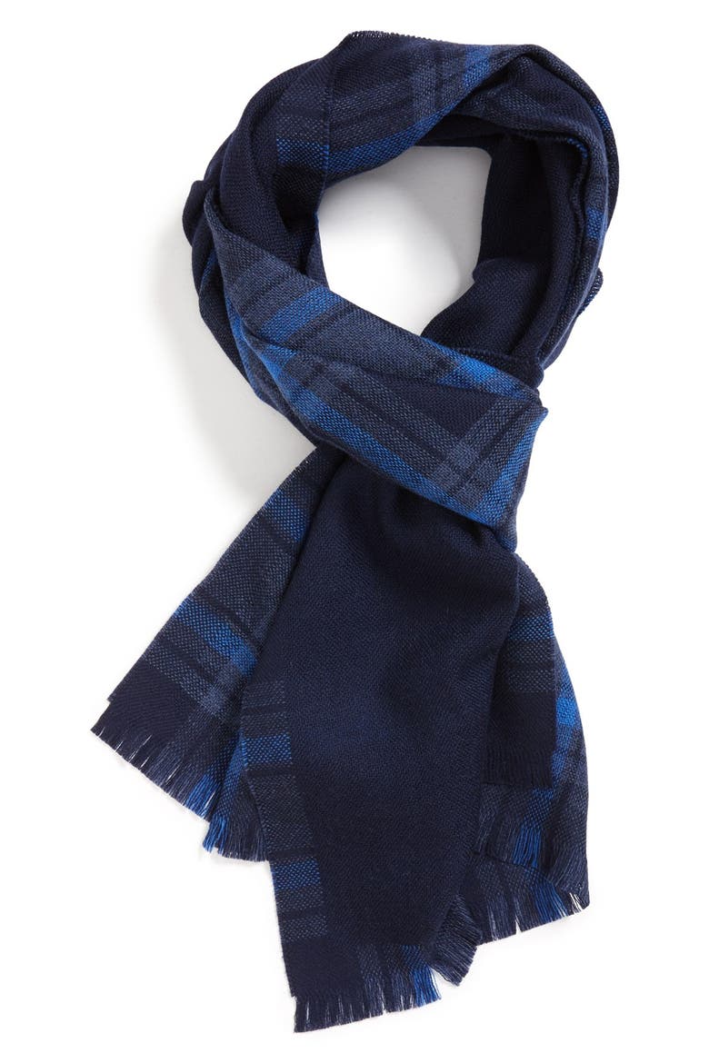 Ermenegildo Zegna Plaid Wool Scarf, Main, color, NAVY