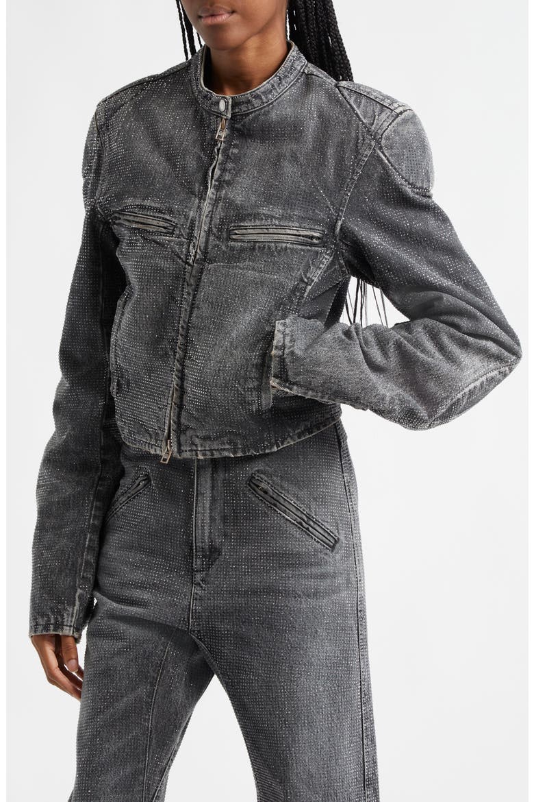 Crystal Embellished Denim Moto Jacket, Alternate, color, BLACK CRACKLE GREY