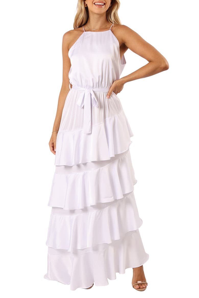 Annalise Ruffle Satin Dress, Main, color, WHITE