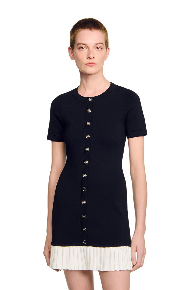 SANDRO Mini knit dress with ruffle, Alternate, color, Black / Ecru