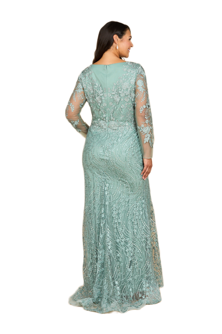 Long Sleeve Gown with Overskirt & Illusion Neckline, Alternate, color, Sage