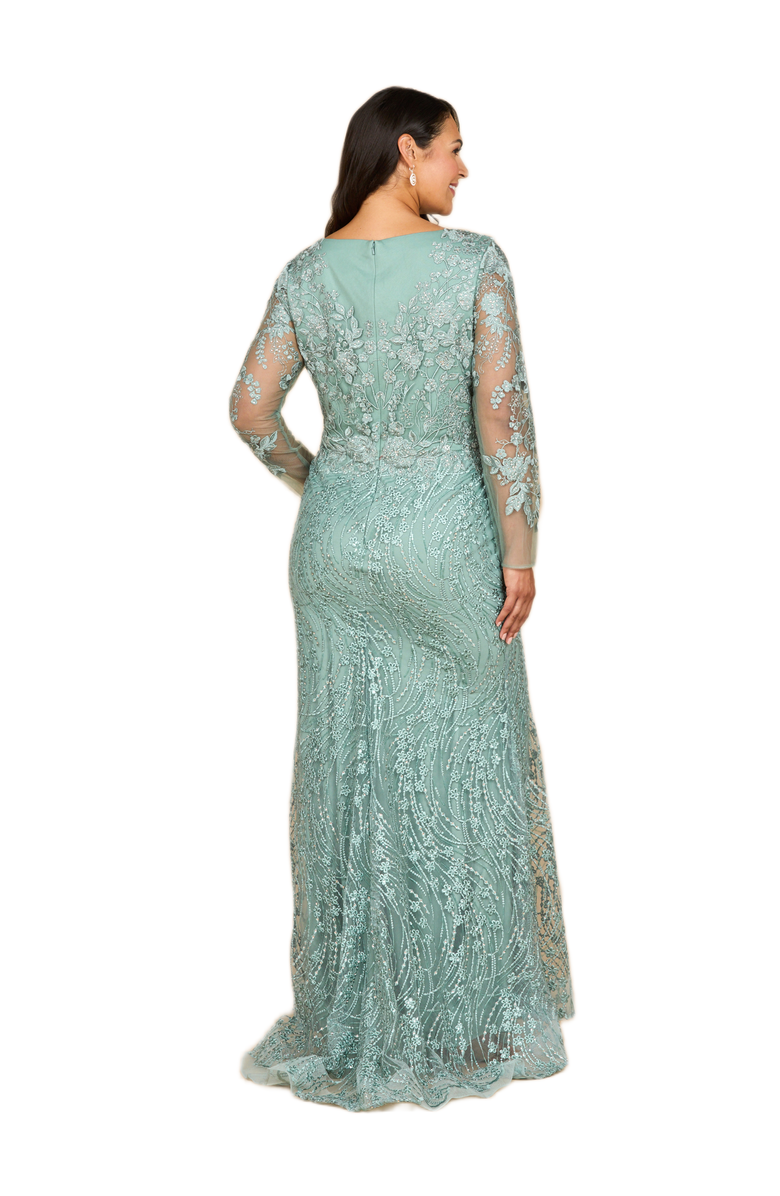 LARA New York Long Sleeve Gown with Overskirt & Illusion Neckline, Alternate, color, Sage