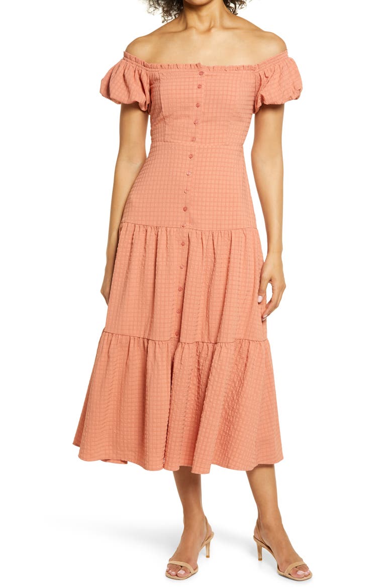 Off the Shoulder Tiered Midi Dress, Main, color, DUSTY CORAL