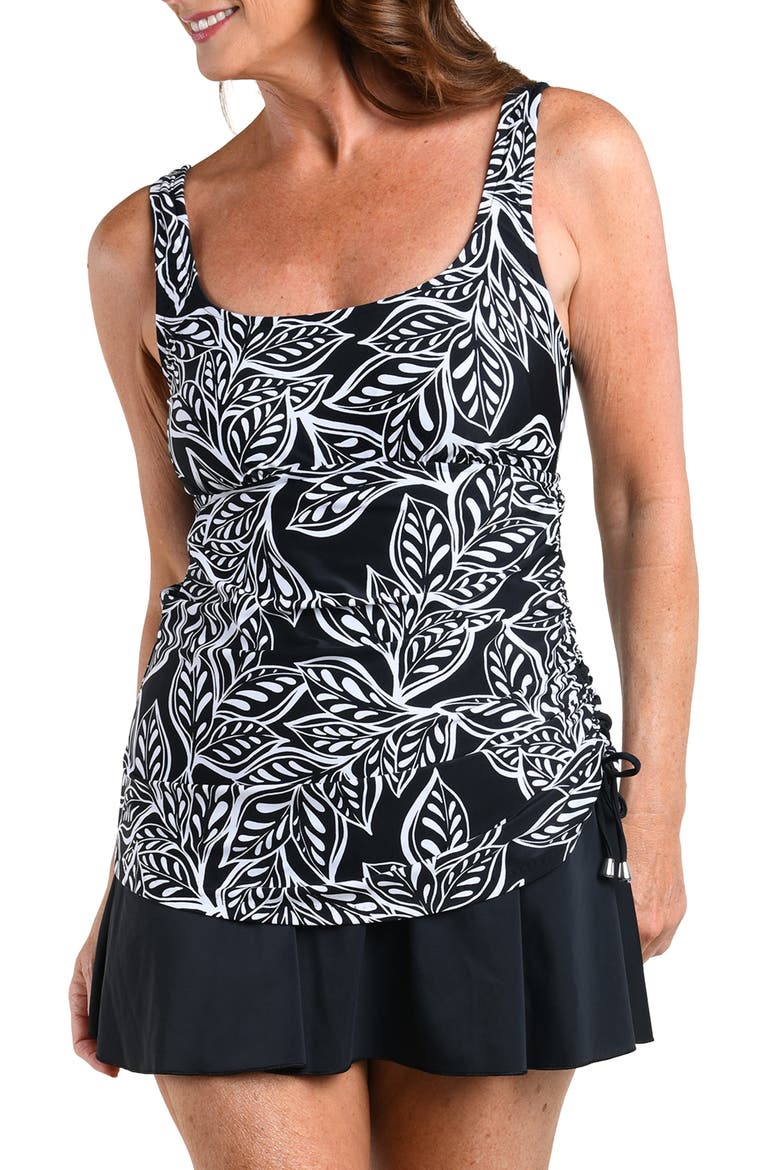 Native Vines Faux Tankini Swimdress, Main, color, BLACK