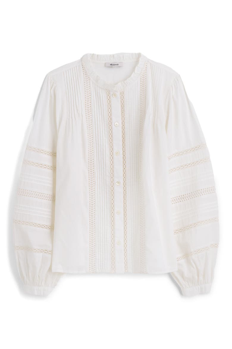 High Neck Lace Detail Pintuck Cotton Top, Alternate, color, WHITE
