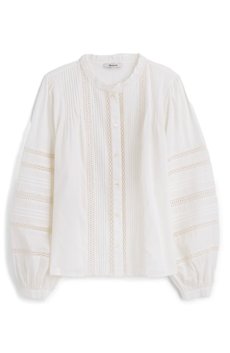 Madewell High Neck Lace Detail Pintuck Cotton Top, Alternate, color, White