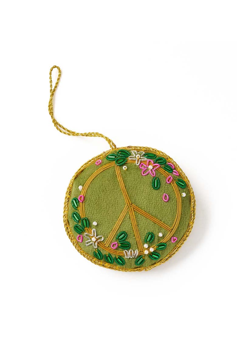 Larissa Plush Floral Peace Sign Beaded Fabric Ornament - Embroidered, Main, color, Green