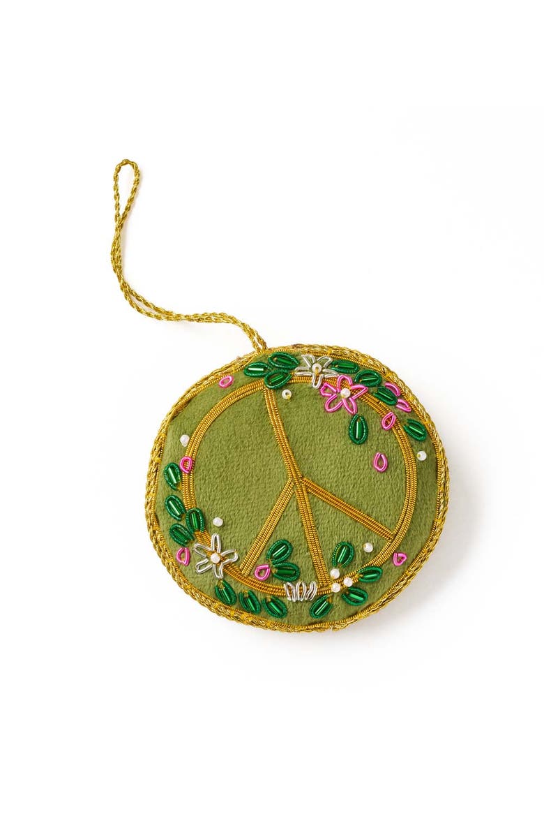 Matr Boomie Larissa Plush Floral Peace Sign Beaded Fabric Ornament - Embroidered, Main, color, Green