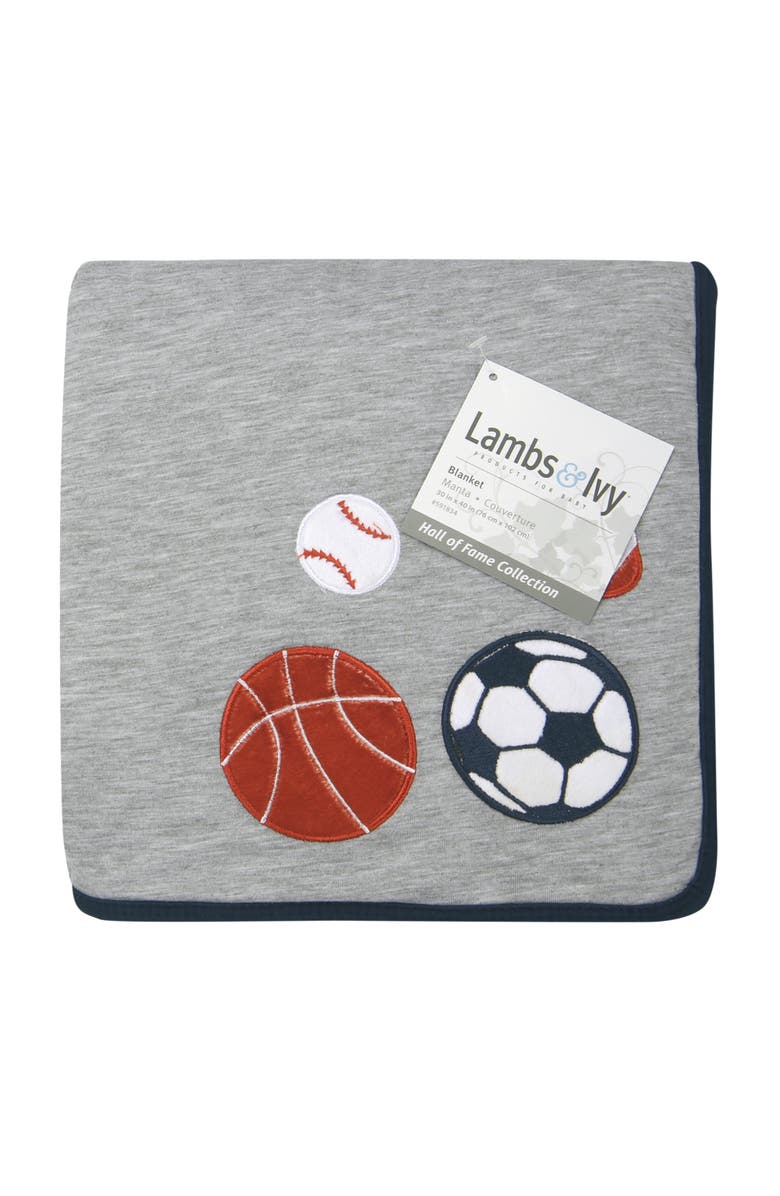 Lambs & Ivy Hall of Fame Sports Jersey/Faux Shearling Cozy Baby Blanket, Alternate, color, Gray