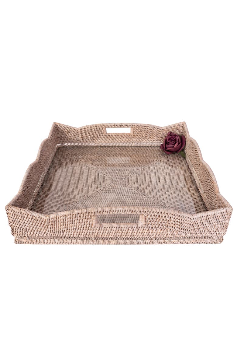 Scalloped Rattan Square Tray with Glass Insert, Alternate, color, White Wash