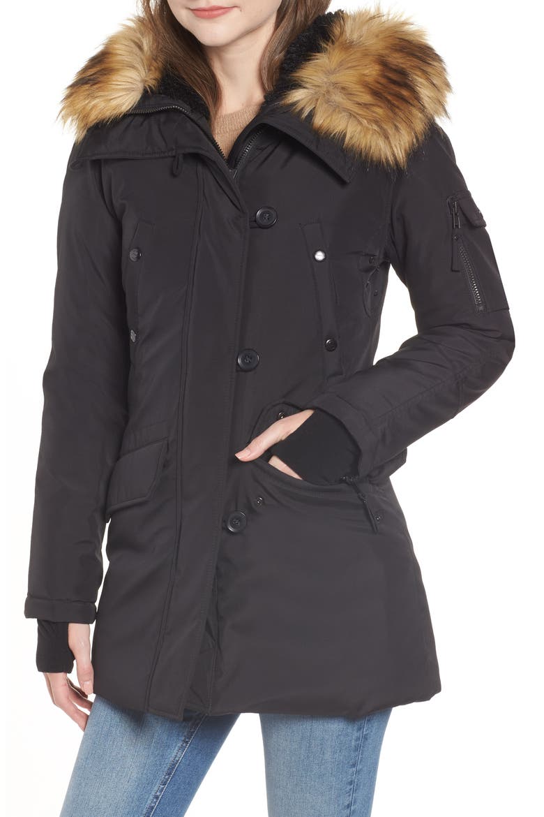 Faux Fur Trim Down Parka, Alternate, color, BLACK