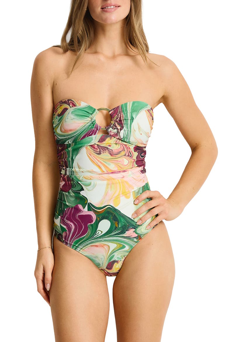 O-Ring Bandeau One-Piece Swimsuit, Main, color, MOSS