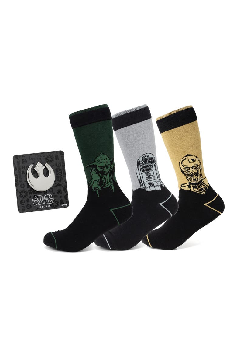 Droid & Sage Mod 3-Pack Socks & Lapel Pin Set, Main, color, BLACK MULTI