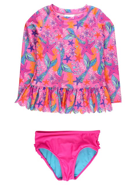 Girls UPF50+ Sun Protected Scallop Hem Long Sleeve Rash Guard Bikini