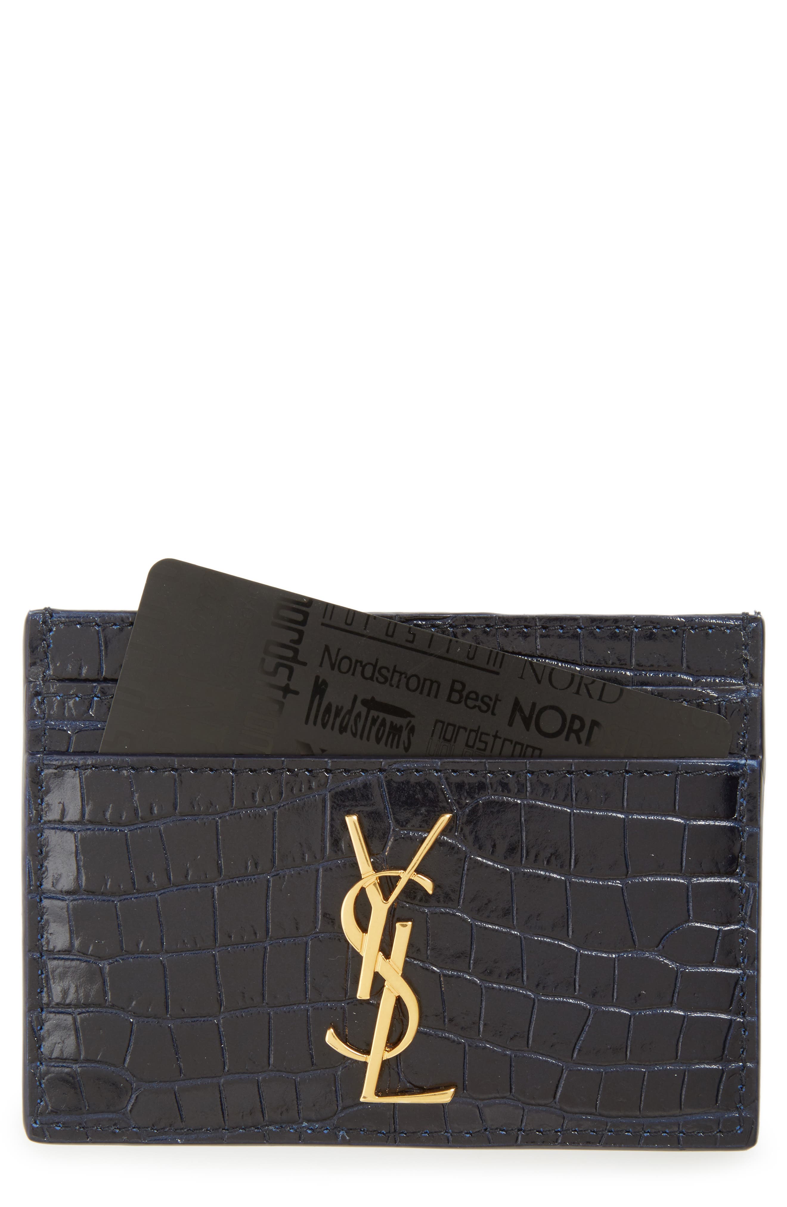 Saint Laurent Monogram Croc Embossed Leather Card Case (Women) | Nordstrom